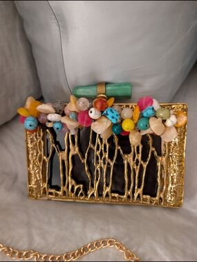 ​RAMLA Handmade Gold Filigree Clutch Bag Gemstone Beaded Evening Crossbody